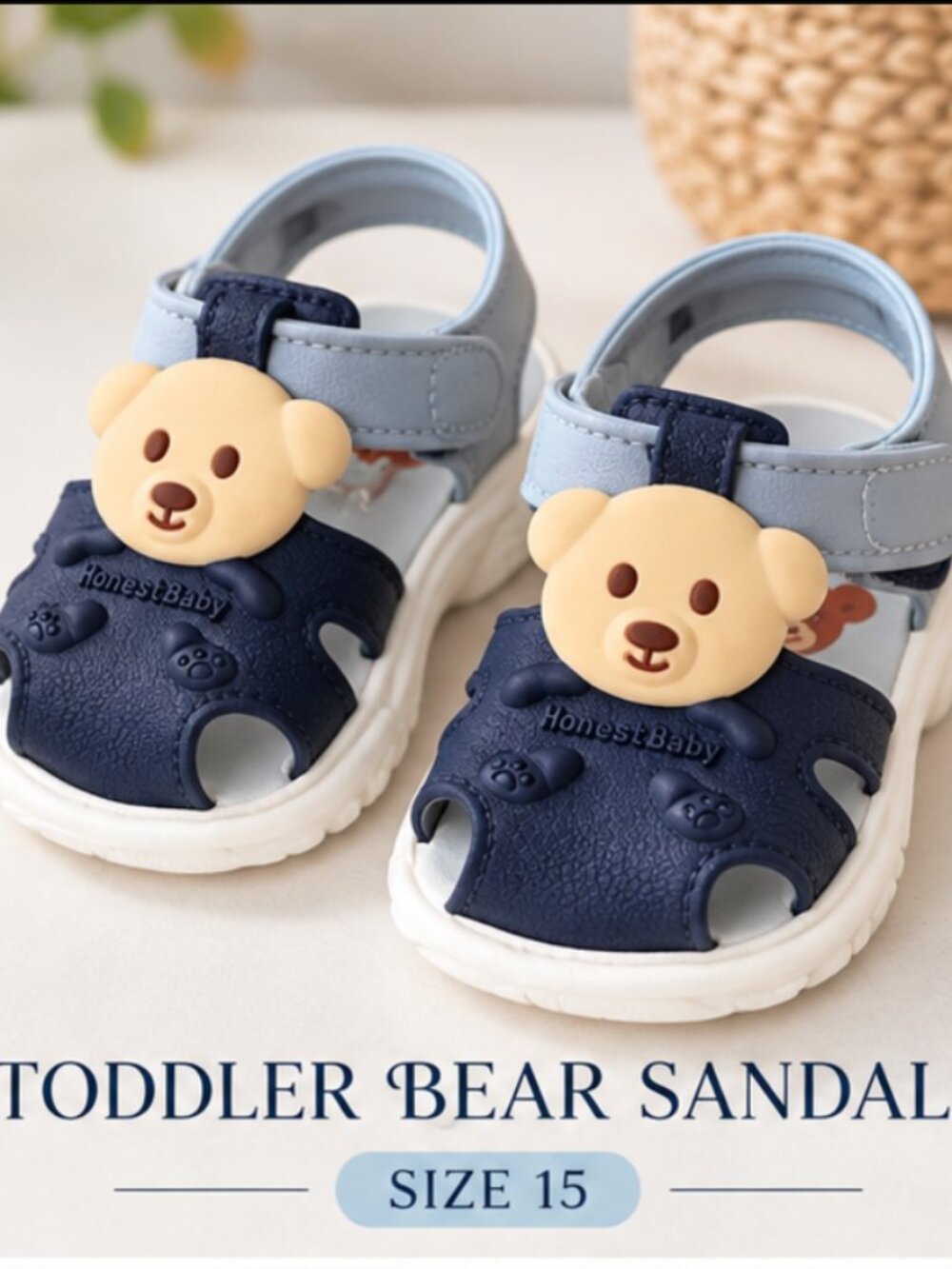 HonestBaby Toddler Boys Navy Blue Bear Sandals Hook & Loop Summer Shoes Size 0-1